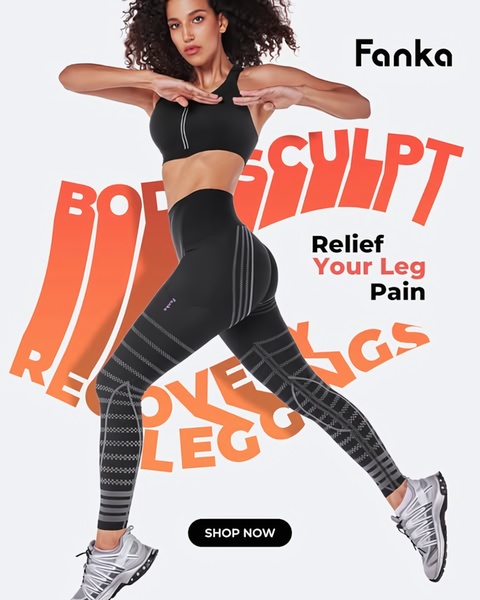 This ad creative for recovery leggings features a model in an active pose, using large, bold typography to highlight pain relief benefits and product functionality.